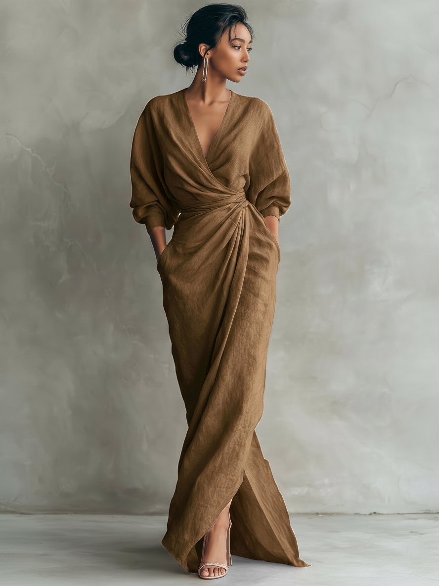 Evi - Elegante maxi jurk met draai-omslag taille voor dames Detail