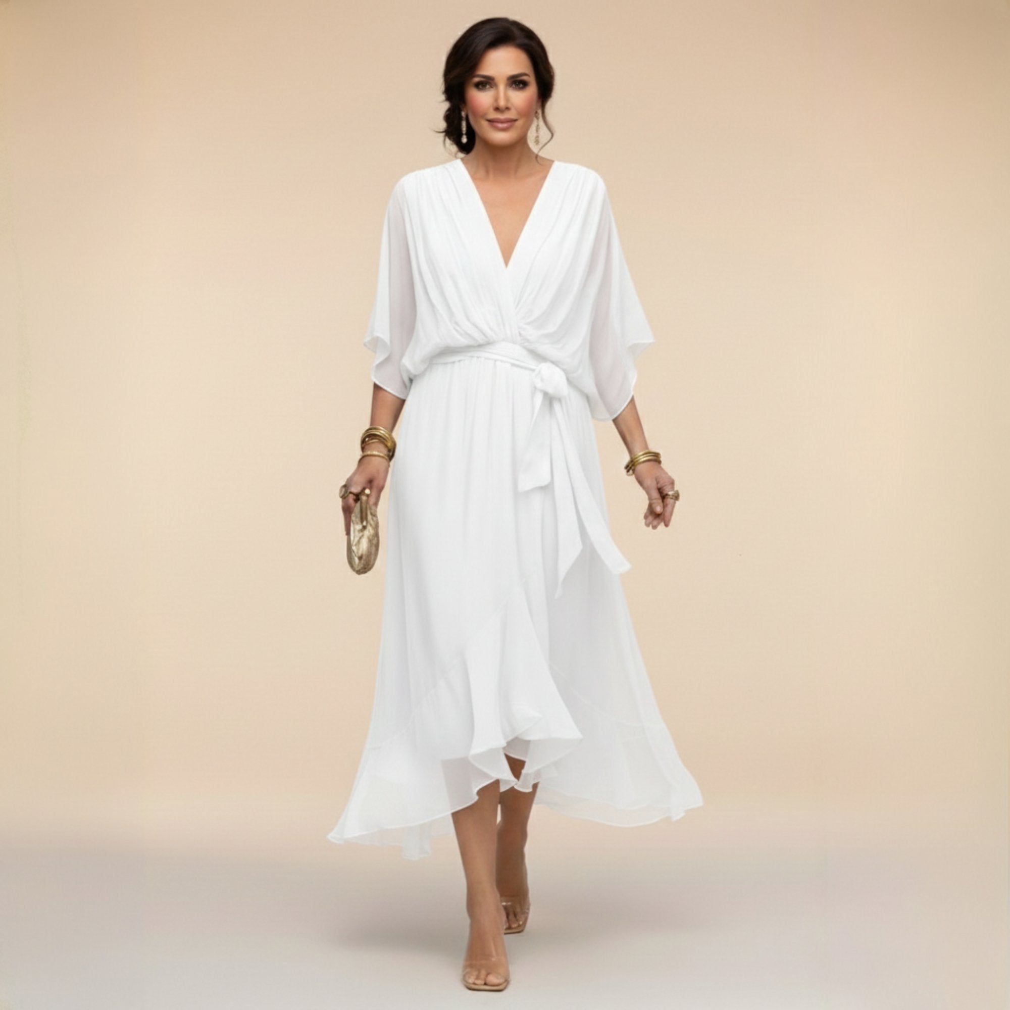 Femke - Luchtige chiffon jurk met v-hals en kimonomouwen voor dames Angle