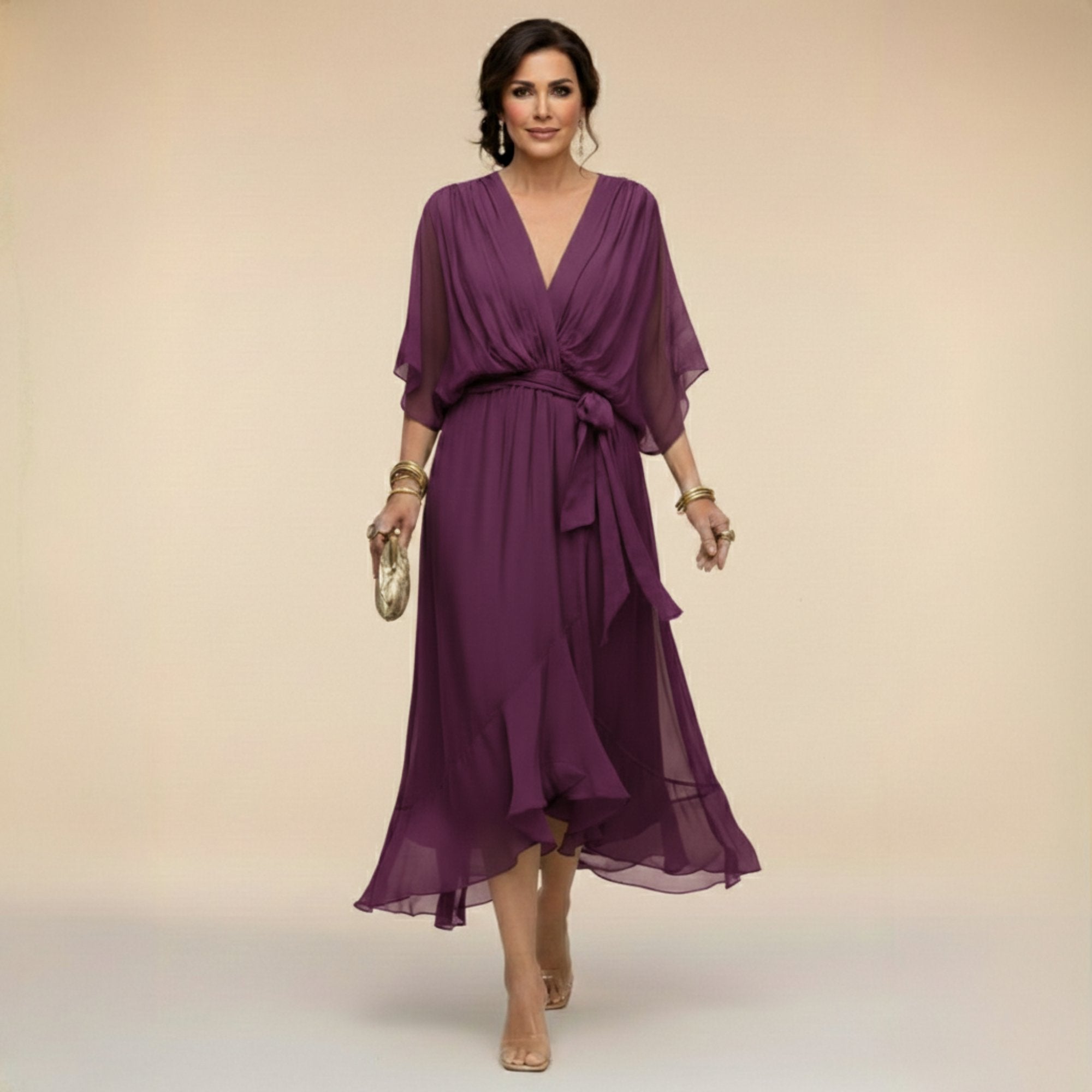 Femke - Luchtige chiffon jurk met v-hals en kimonomouwen voor dames Full