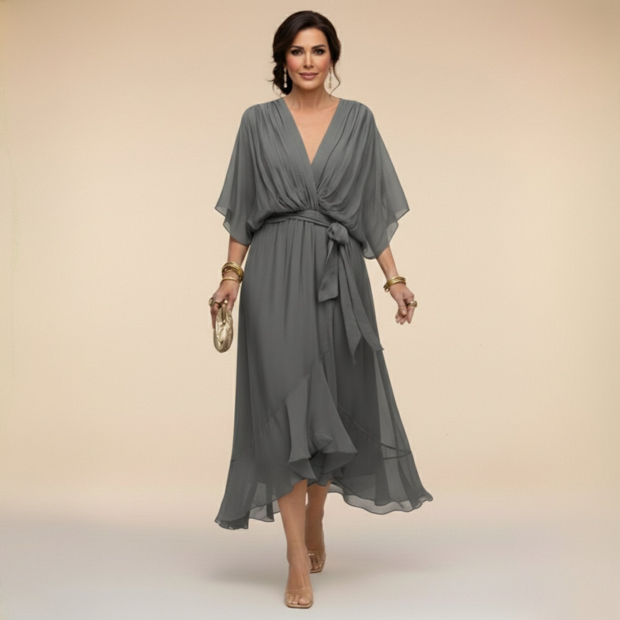 Femke - Luchtige chiffon jurk met v-hals en kimonomouwen voor dames Lifestyle
