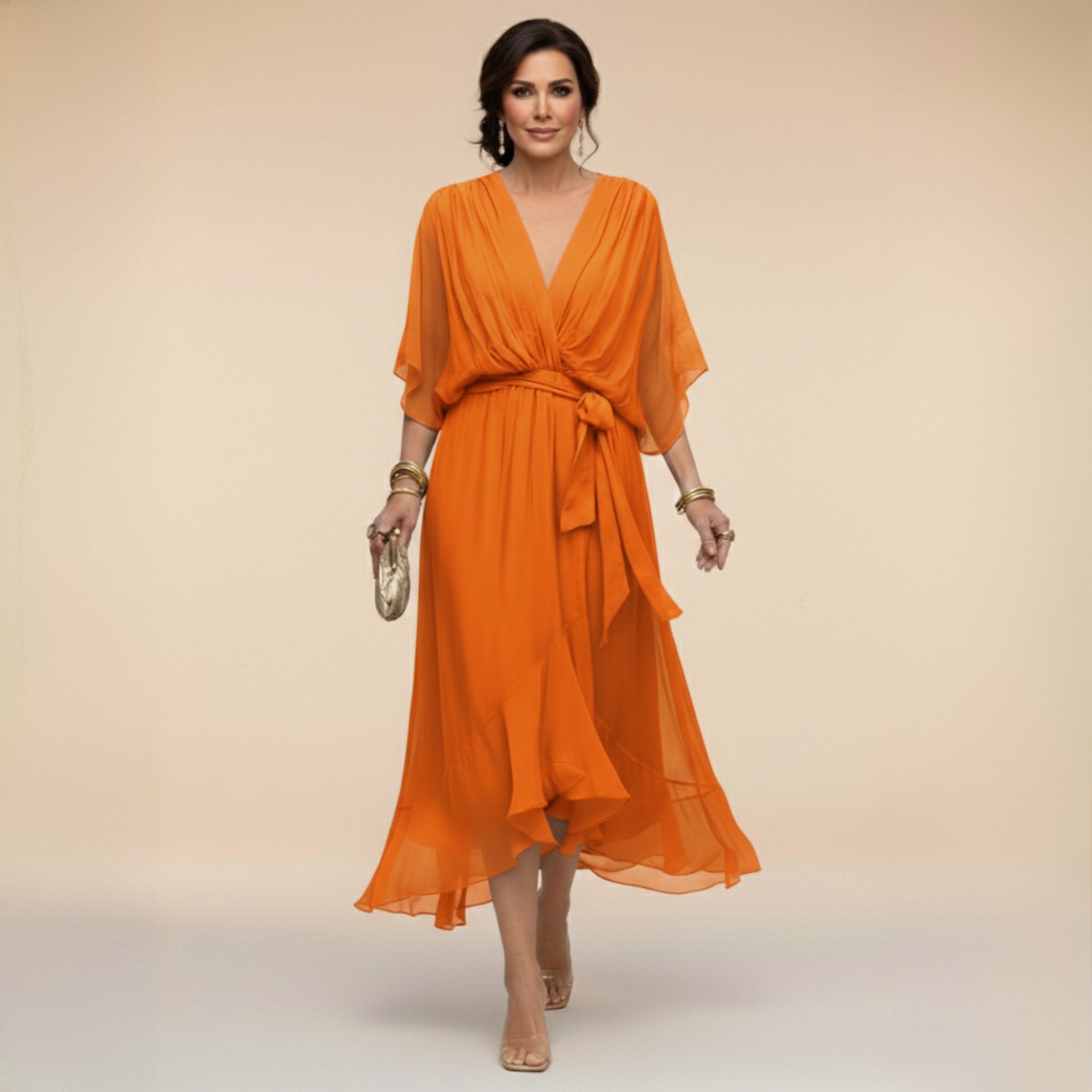 Femke - Luchtige chiffon jurk met v-hals en kimonomouwen voor dames View 11