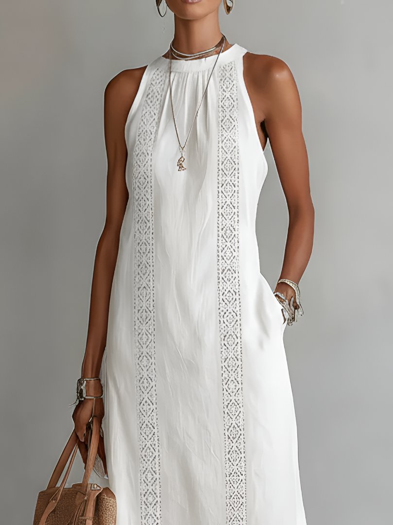 Femke - Stijlvolle mouwloze midi jurk met verticale bies voor dames Full