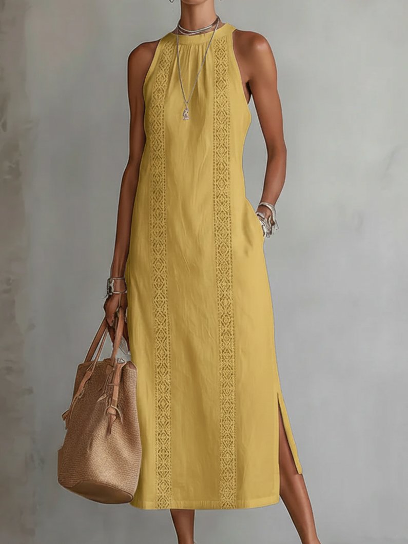 Femke - Stijlvolle mouwloze midi jurk met verticale bies voor dames Side