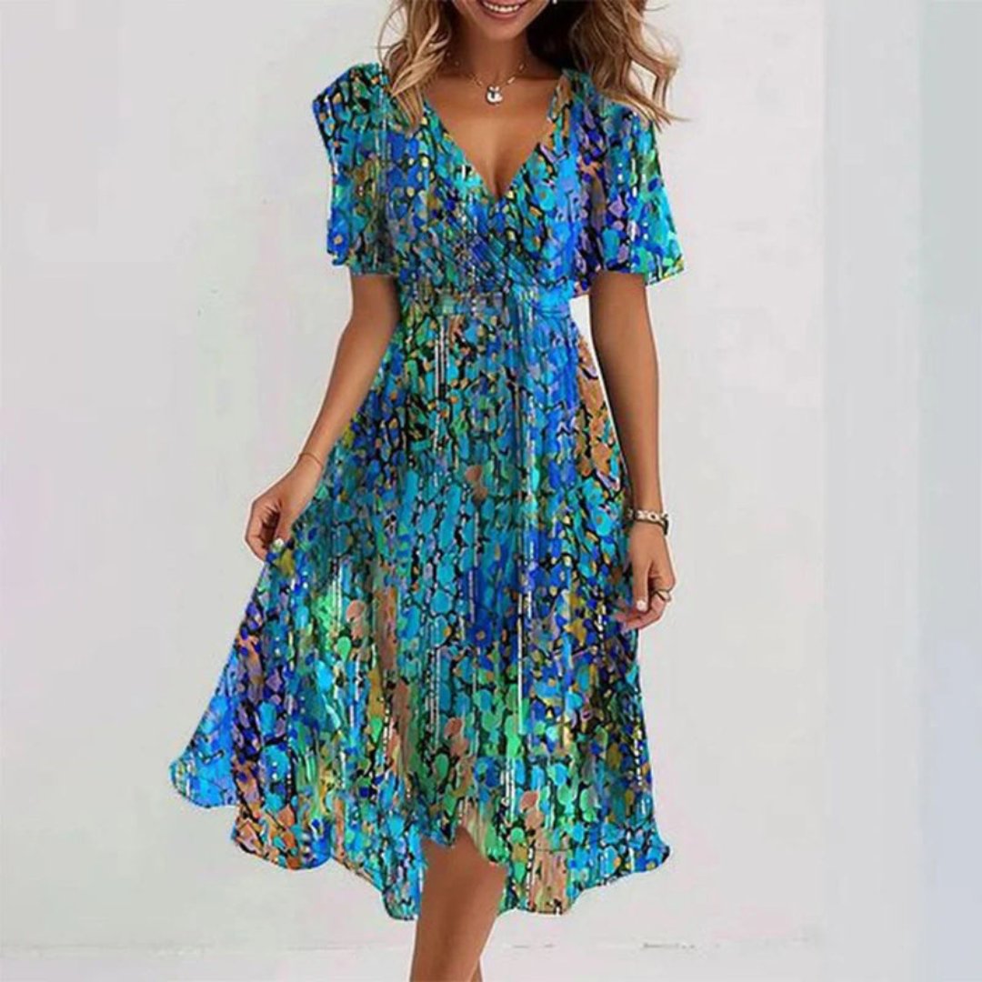 Greet - Elegante zomerjurk met vlindermouwen voor dames Close Up