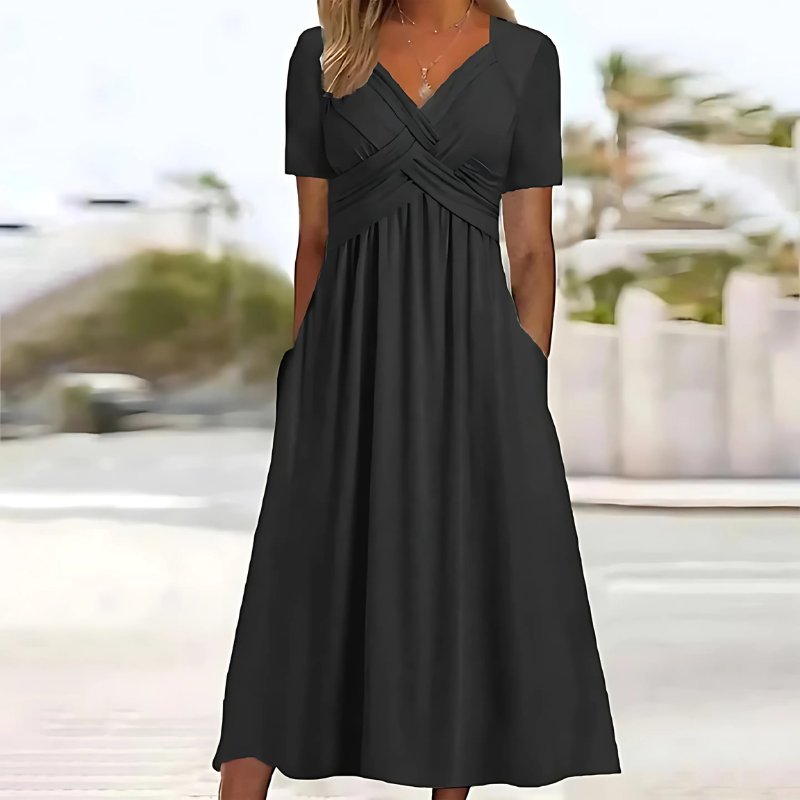 Hazel - Tijdloze midi-jurk met gekruist gesmockt lijfje voor dames Detail