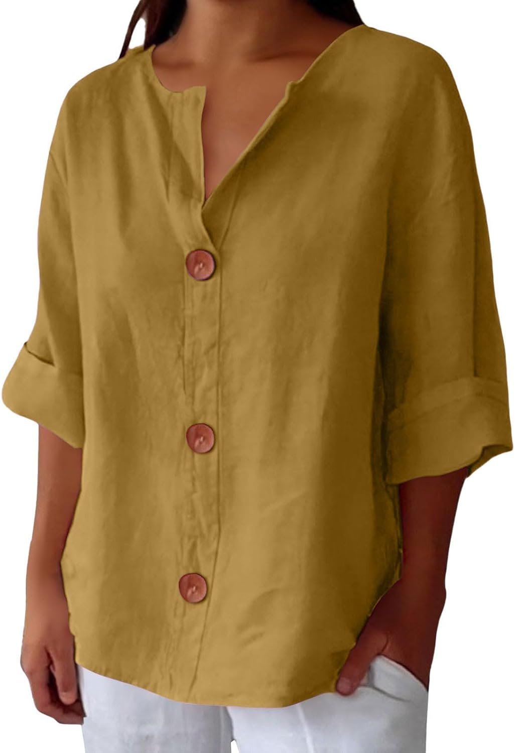 Jolien - Casual shirt met v-hals en terracotta knopen voor dames Angle