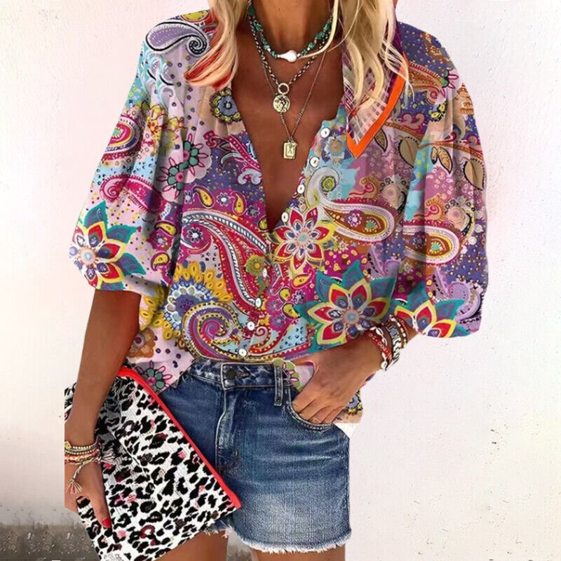 Lieke - Vintage bloemen blouse met halve mouwen voor dames Front