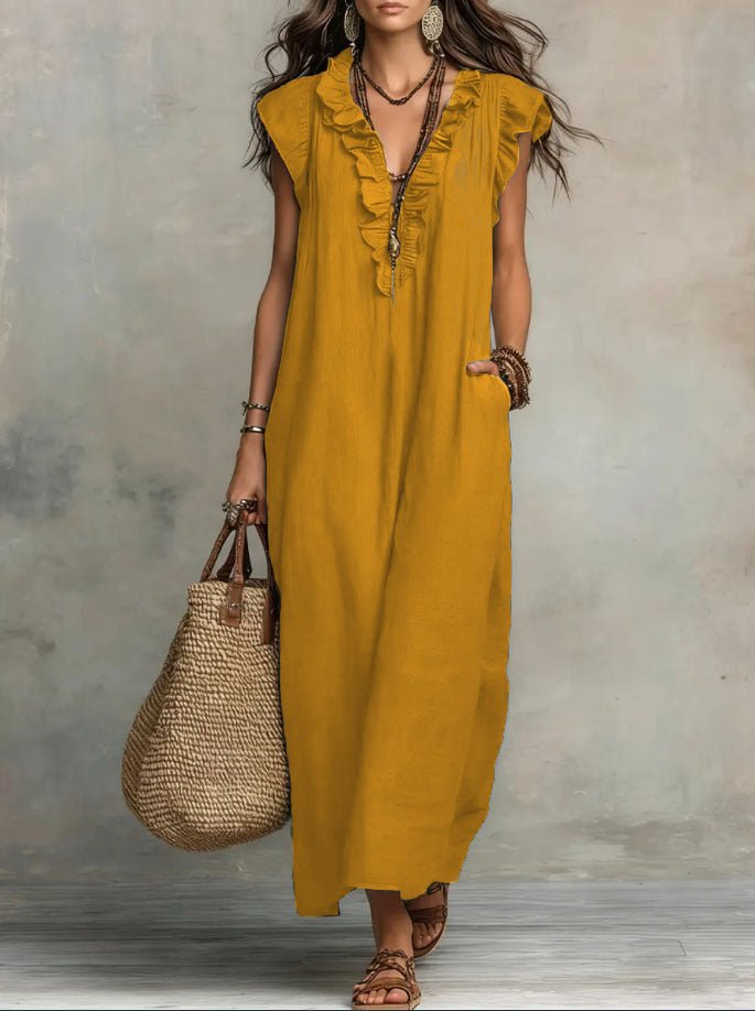 Margot - Vloeiende boho jurk met v-hals en ruches voor dames Angle