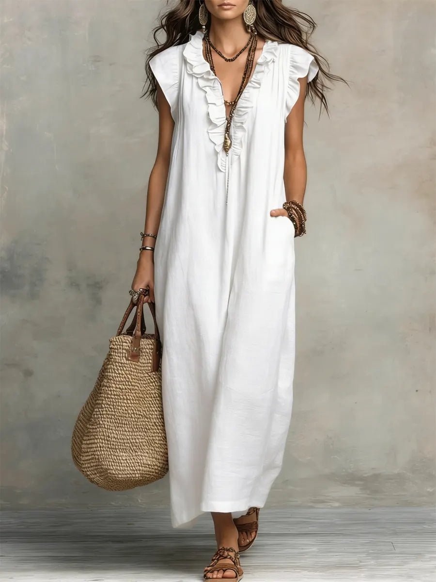 Margot - Vloeiende boho jurk met v-hals en ruches voor dames Close Up