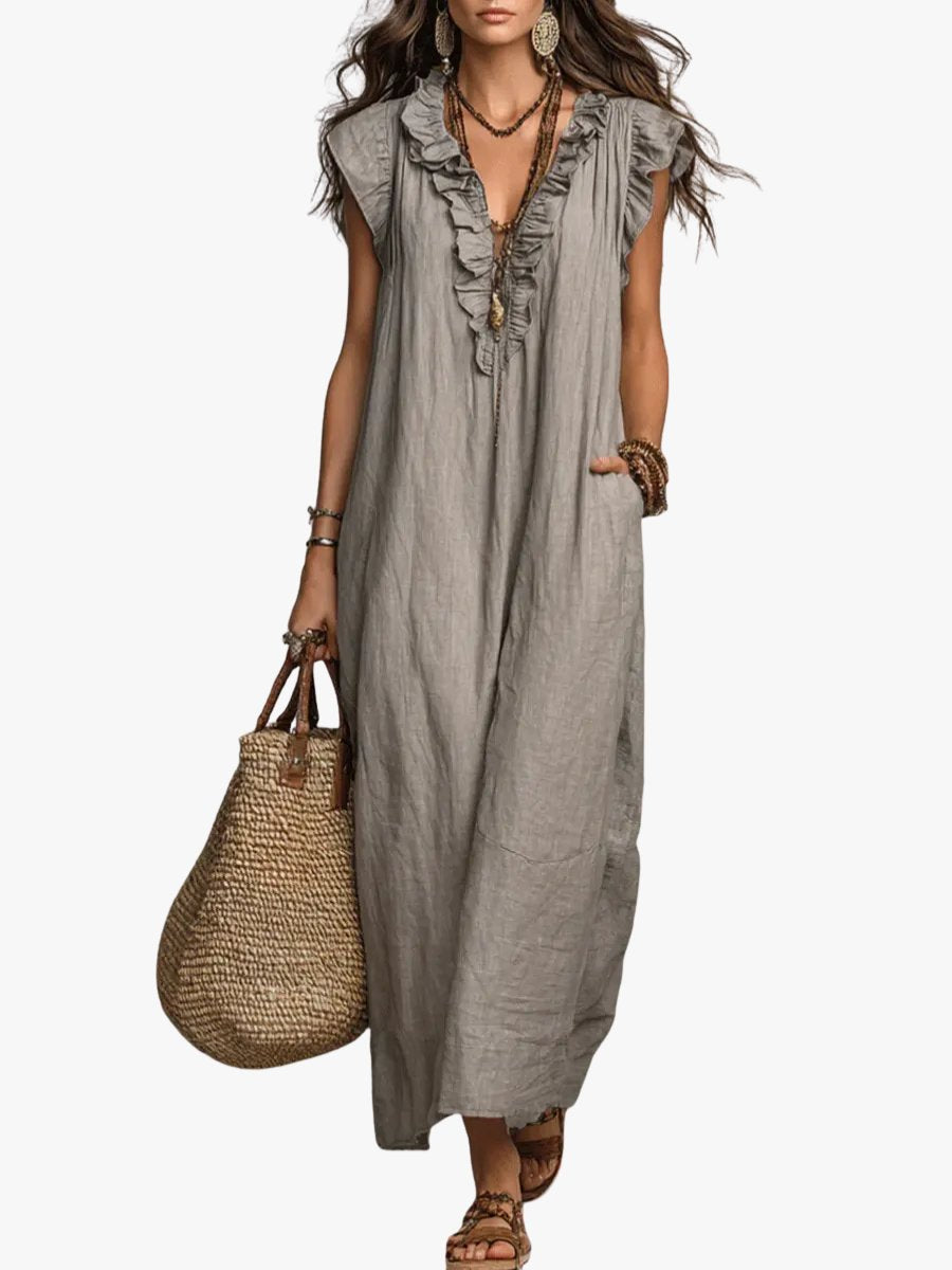 Margot - Vloeiende boho jurk met v-hals en ruches voor dames Hero