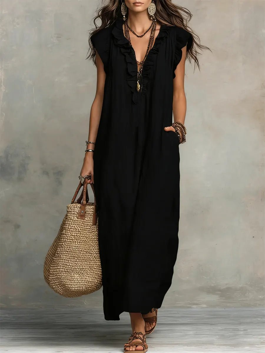 Margot - Vloeiende boho jurk met v-hals en ruches voor dames Lifestyle
