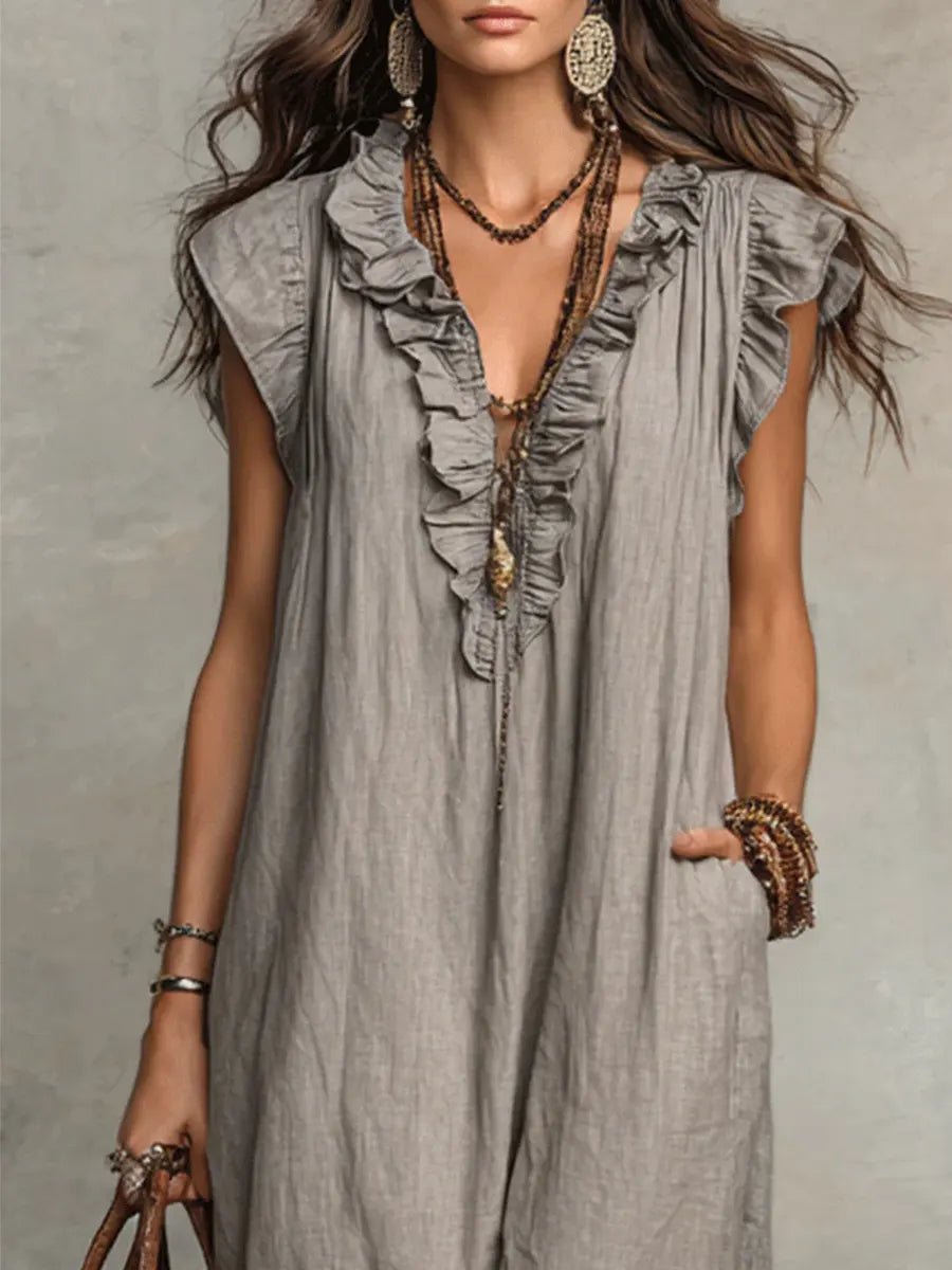 Margot - Vloeiende boho jurk met v-hals en ruches voor dames View 15