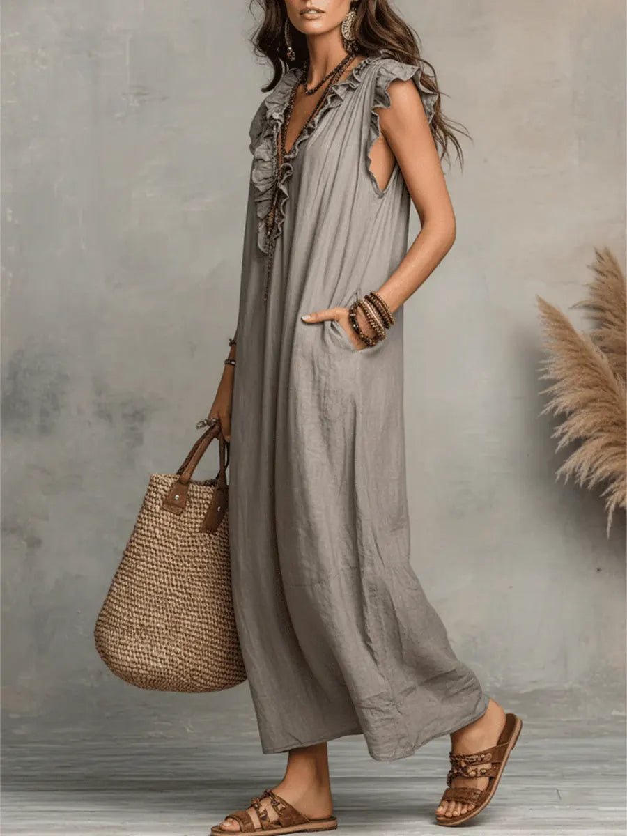 Margot - Vloeiende boho jurk met v-hals en ruches voor dames View 17