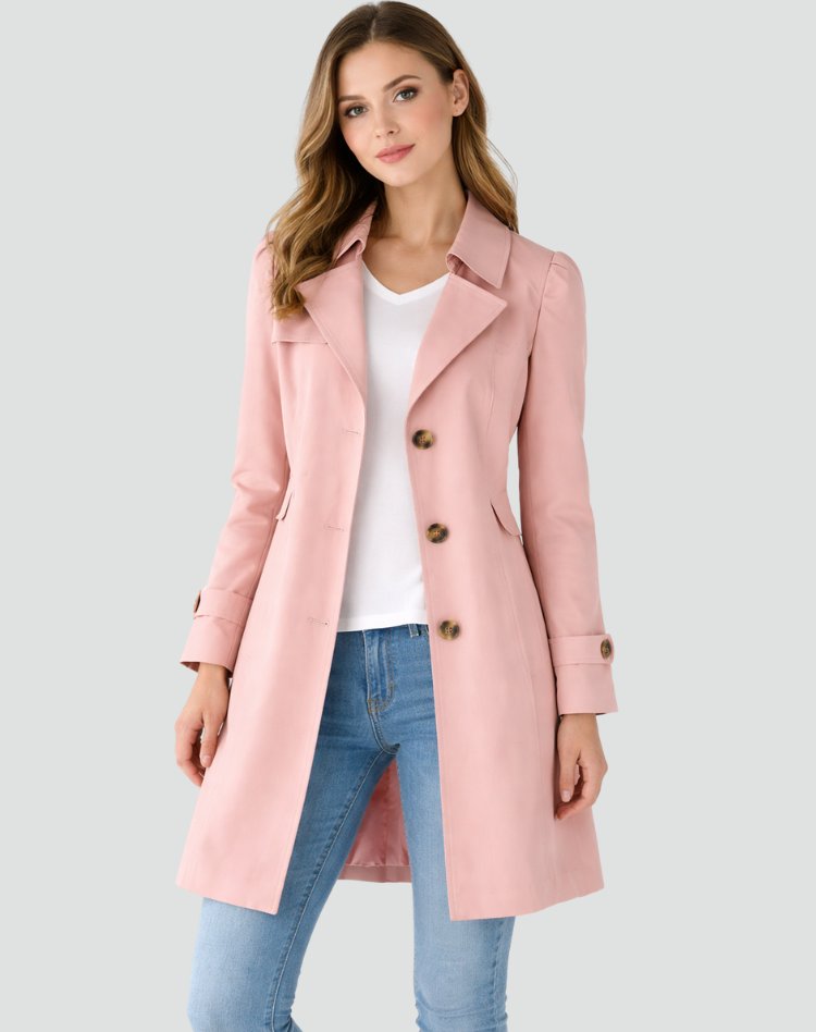 Maud - Klassieke lichtgewicht trenchcoat slim fit voor dames Close Up