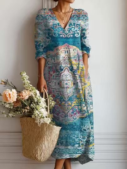 Merel - Vintage linnen midi jurk met bloemenprint voor dames Angle