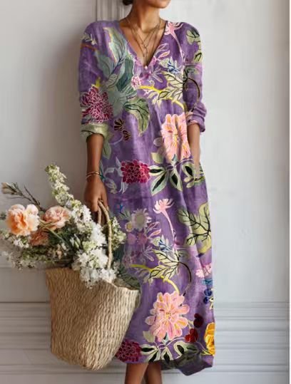 Merel - Vintage linnen midi jurk met bloemenprint voor dames Close Up