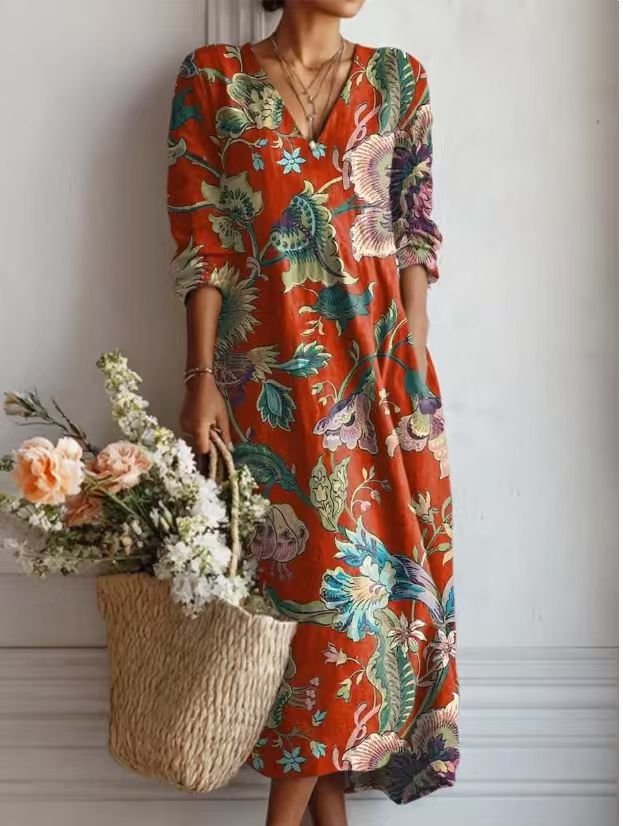 Merel - Vintage linnen midi jurk met bloemenprint voor dames Detail