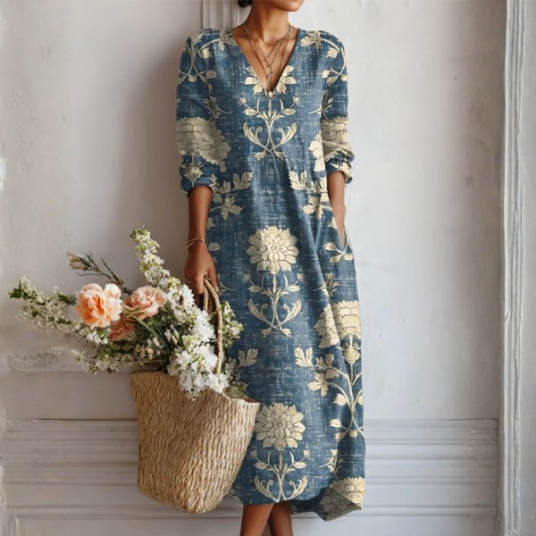 Merel - Vintage linnen midi jurk met bloemenprint voor dames Front