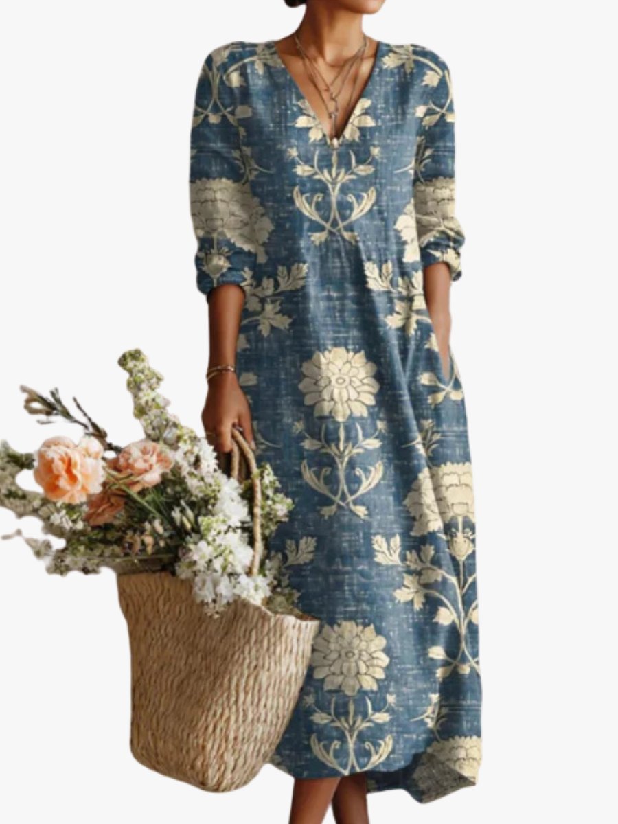 Merel - Vintage linnen midi jurk met bloemenprint voor dames Hero