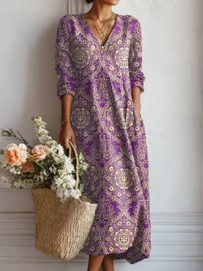 Merel - Vintage linnen midi jurk met bloemenprint voor dames Lifestyle