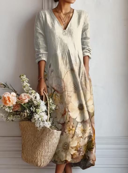 Merel - Vintage linnen midi jurk met bloemenprint voor dames View 14
