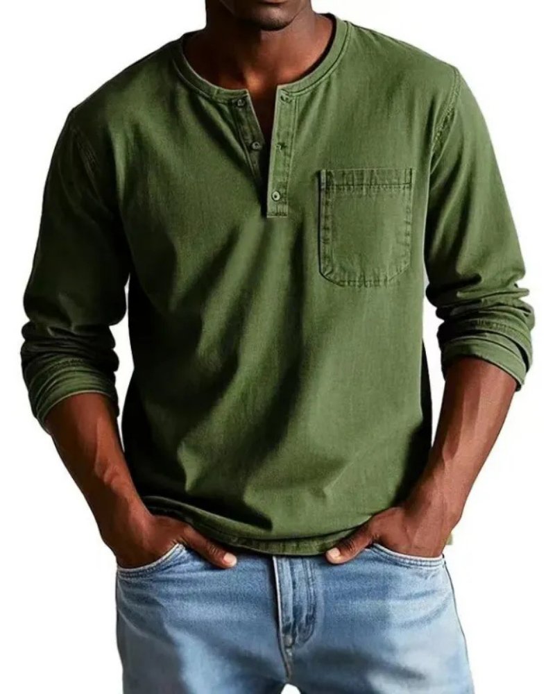 Rens - Relaxed denim henley overhemd met lange mouwen voor heren Angle
