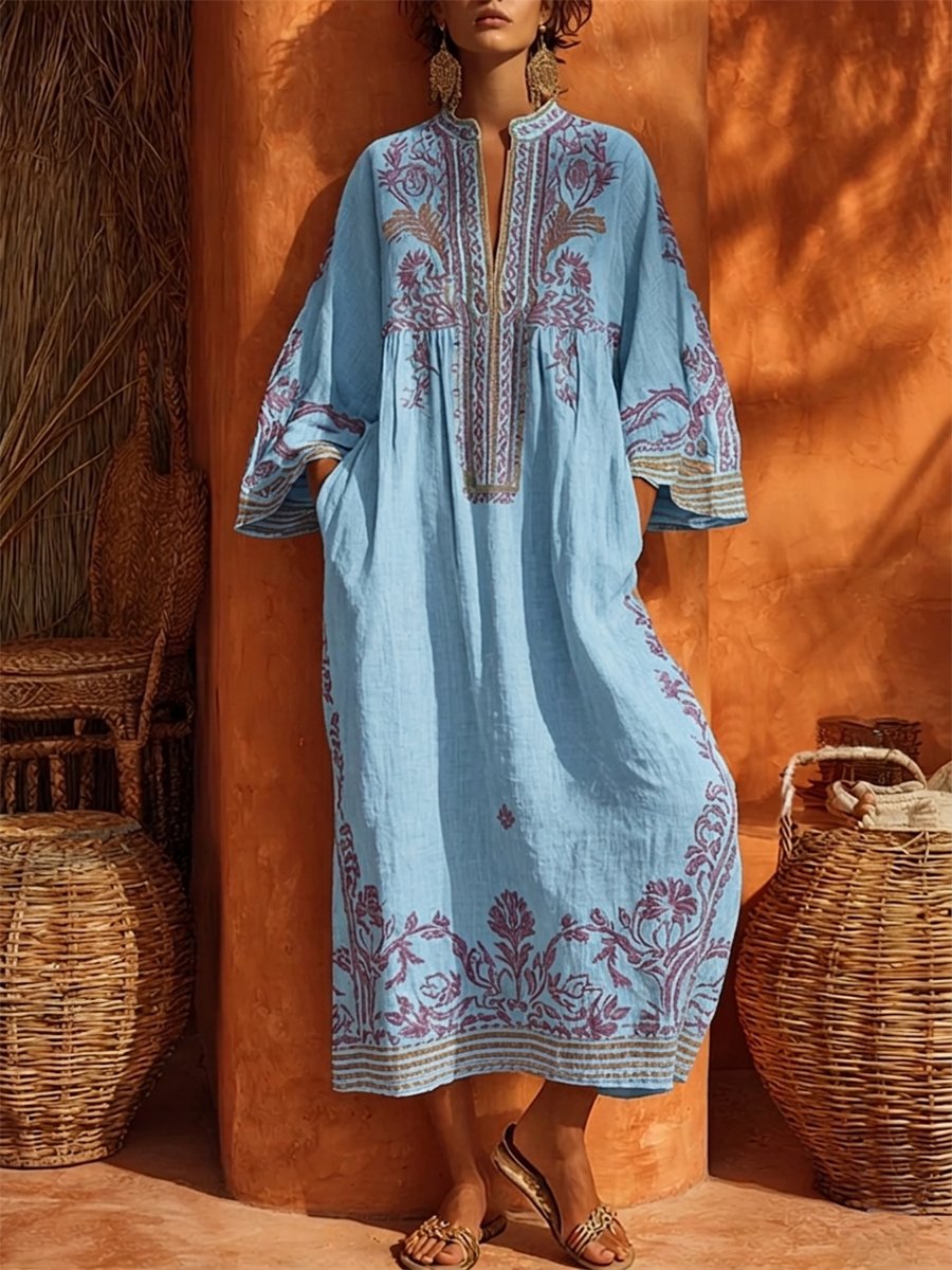 Roos - Soepelvallende geborduurde boho jurk voor dames Detail