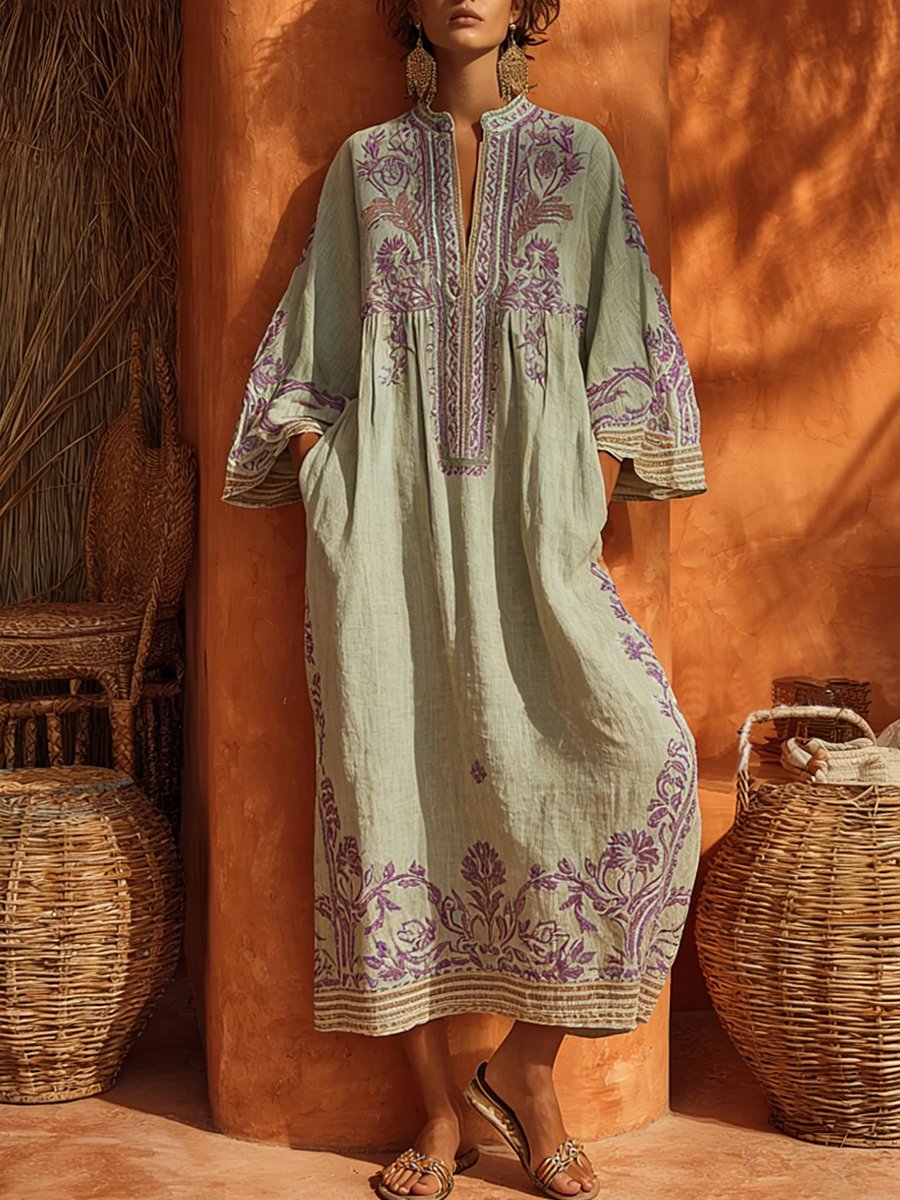 Roos - Soepelvallende geborduurde boho jurk voor dames Front