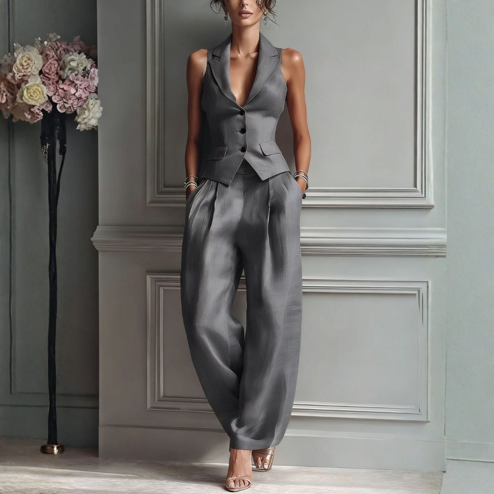 Silke - Elegante tweedelenset met halter revers voor dames Side