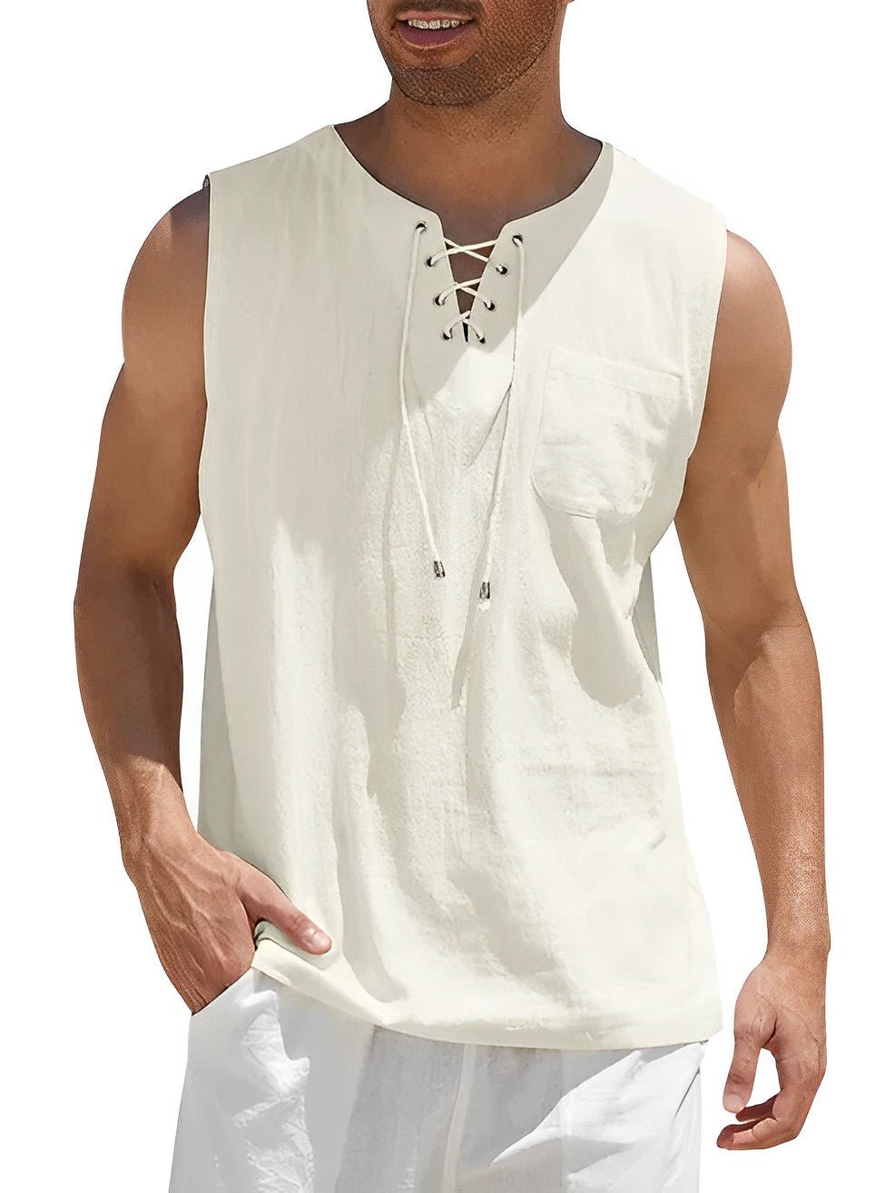 Sven - Luchtige linnen tanktop met vetertouw voor heren Angle