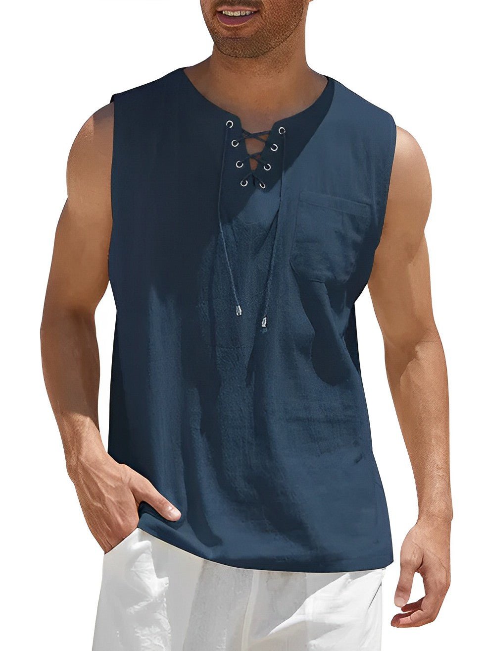 Sven - Luchtige linnen tanktop met vetertouw voor heren Full