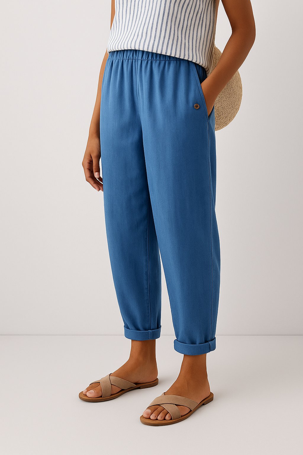 Tessa - Stijlvolle linnen tapered broek met sierknopen voor dames Side