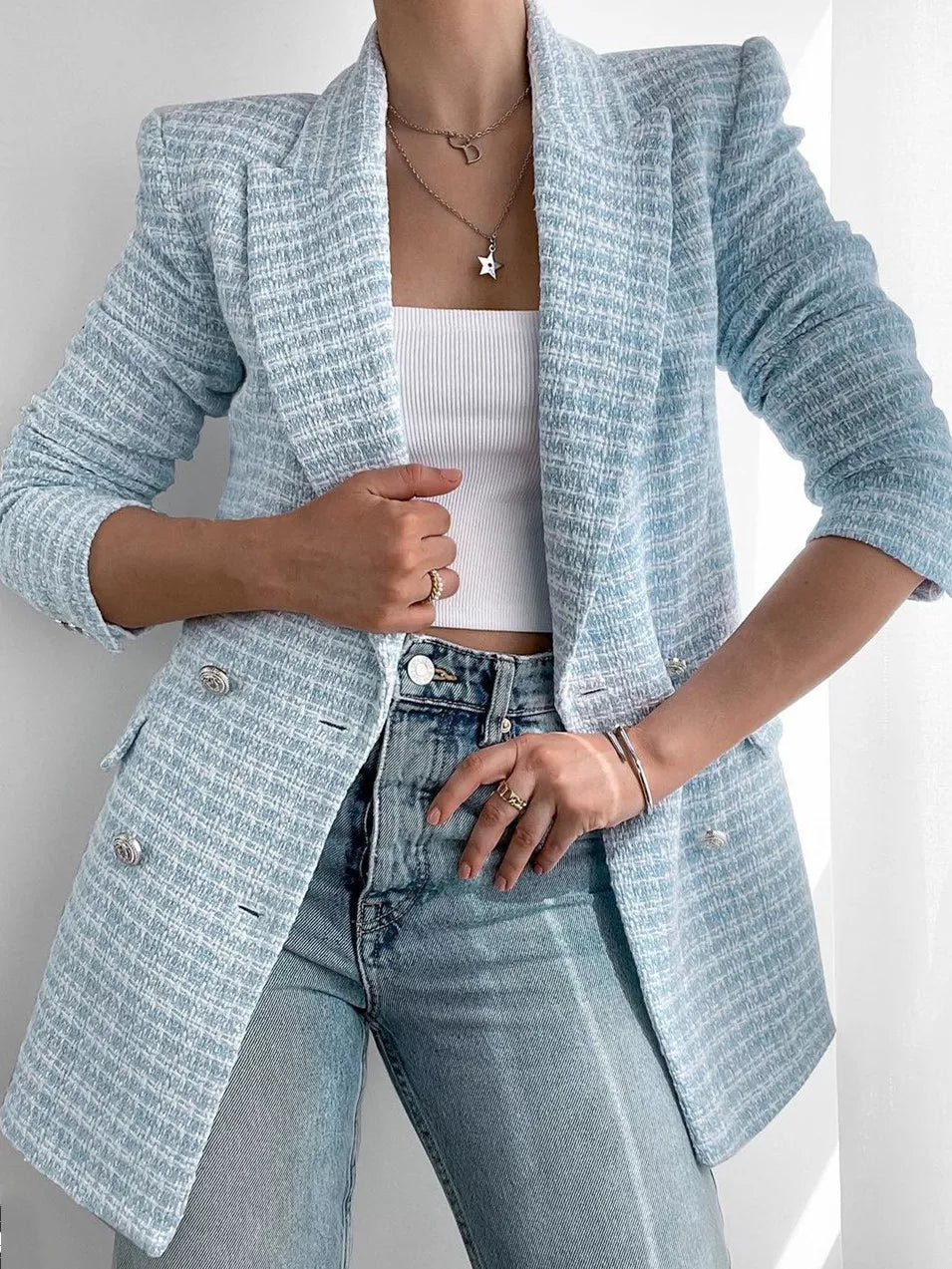 Lieke - Stijlvolle tweed damesblazer met dubbelrijige sluiting