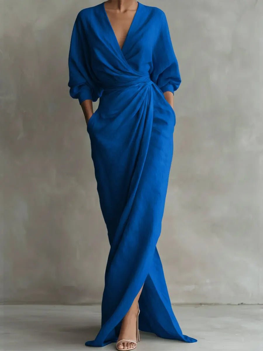 Evi - Elegante maxi jurk met draai-omslag taille voor dames Close Up
