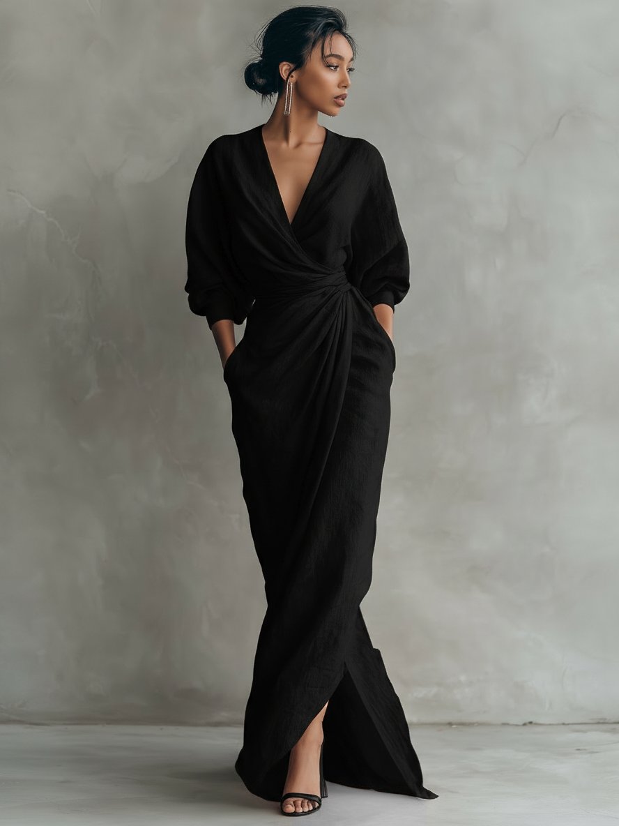 Evi - Elegante maxi jurk met draai-omslag taille voor dames Side