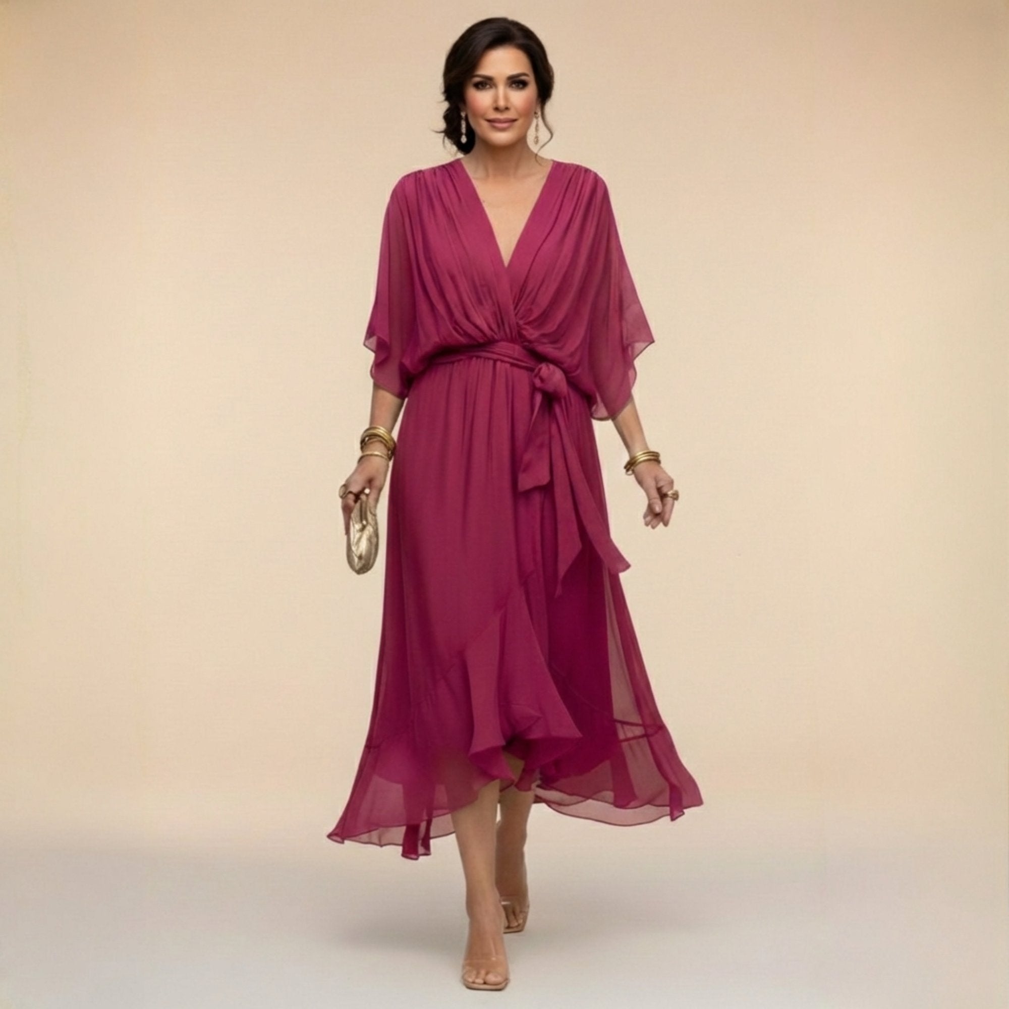 Femke - Luchtige chiffon jurk met v-hals en kimonomouwen voor dames Back