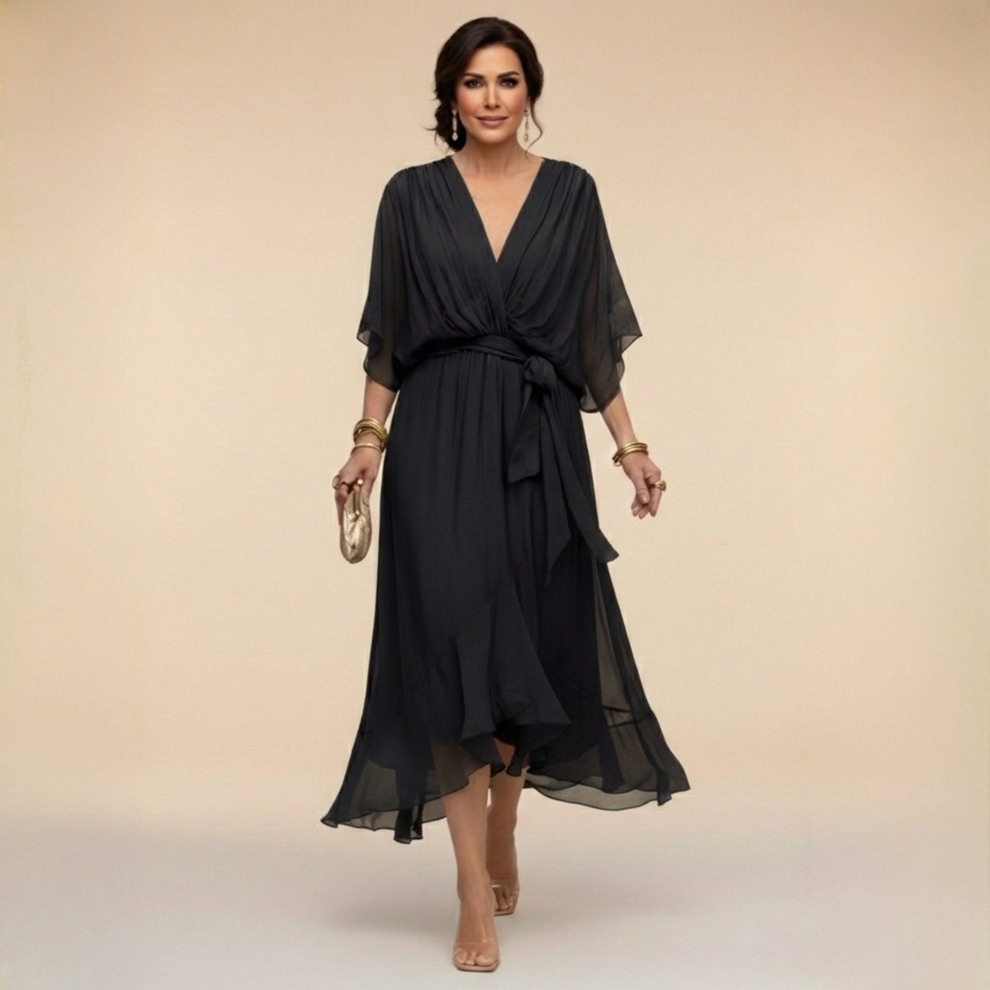 Femke - Luchtige chiffon jurk met v-hals en kimonomouwen voor dames Detail