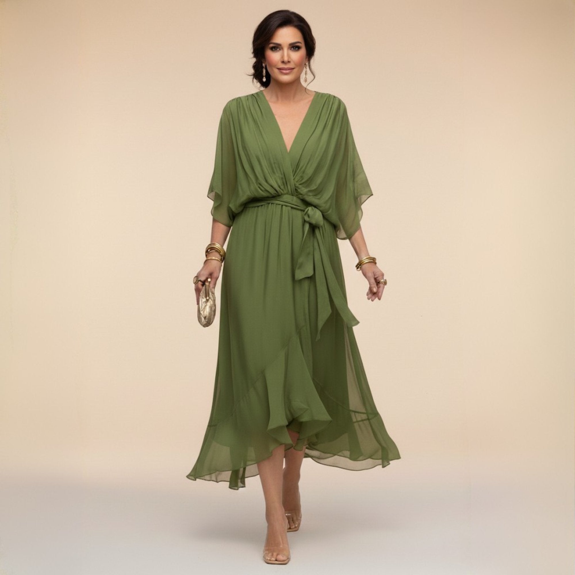 Femke - Luchtige chiffon jurk met v-hals en kimonomouwen voor dames Front
