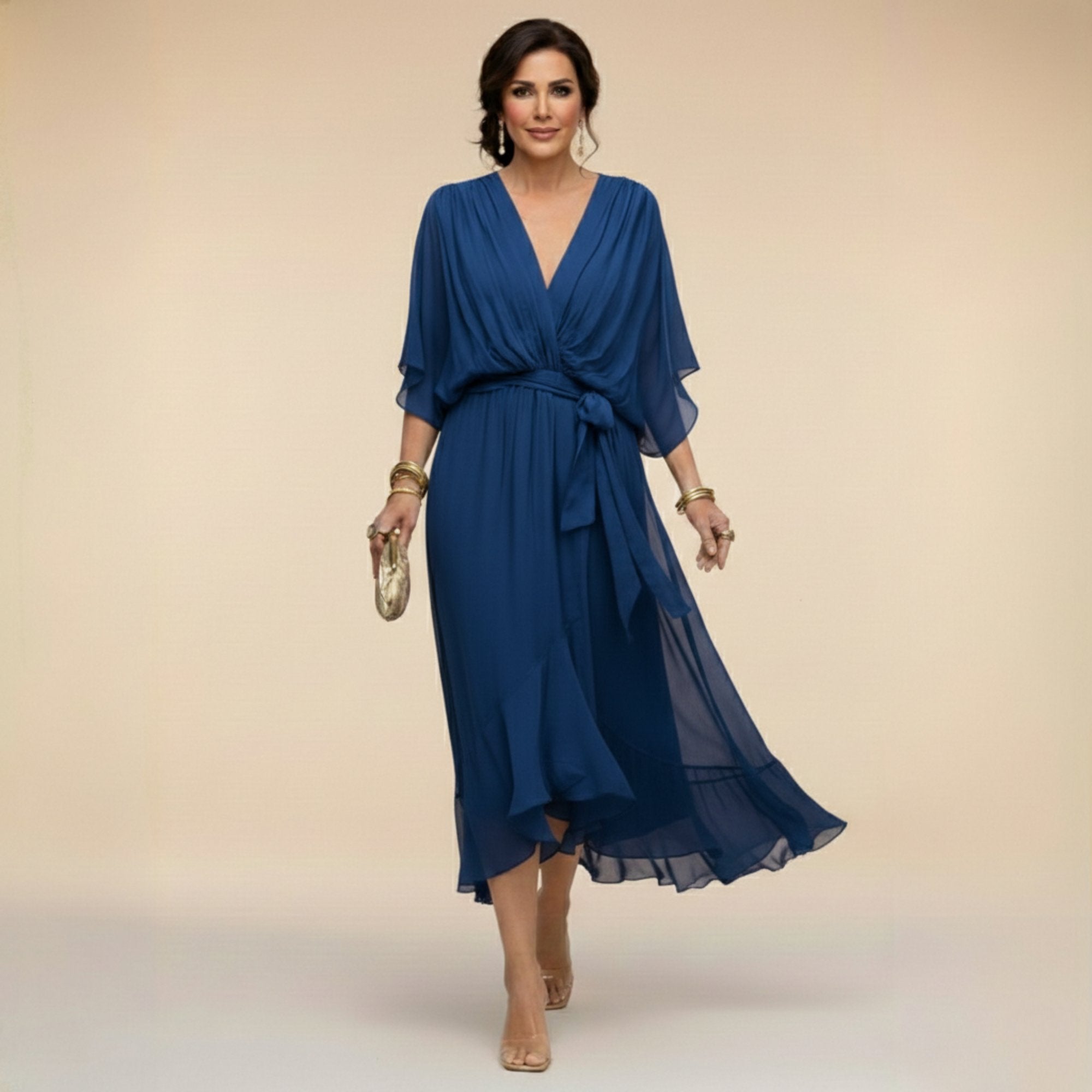 Femke - Luchtige chiffon jurk met v-hals en kimonomouwen voor dames Side