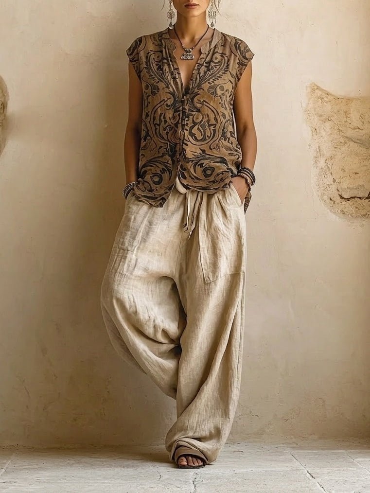 Fenna - Linnen driedelig set met wide leg voor dames Detail