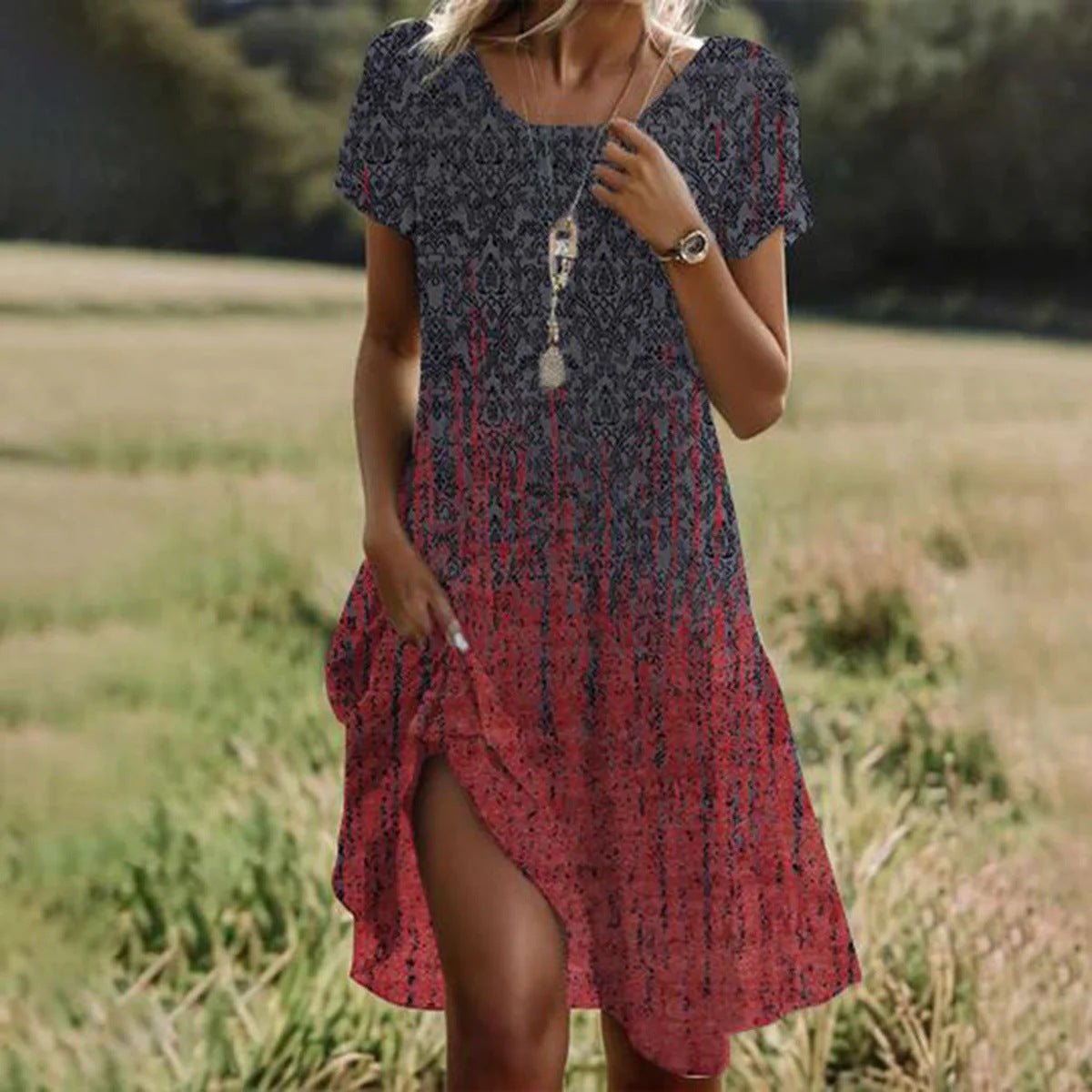 Fenna - Luchtige zomer midi jurk met ruches voor dames Close Up