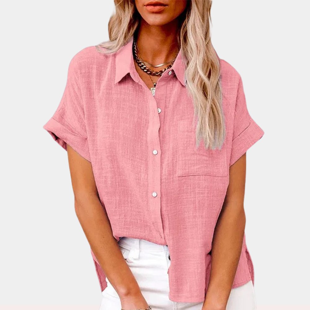 Iris - Luchtige linnen blouse met omgeslagen mouwen voor dames Close Up
