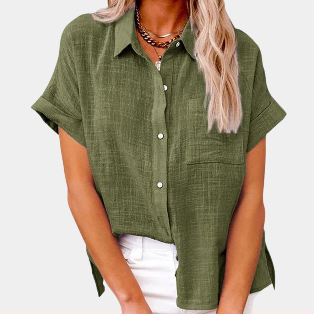 Iris - Luchtige linnen blouse met omgeslagen mouwen voor dames Detail