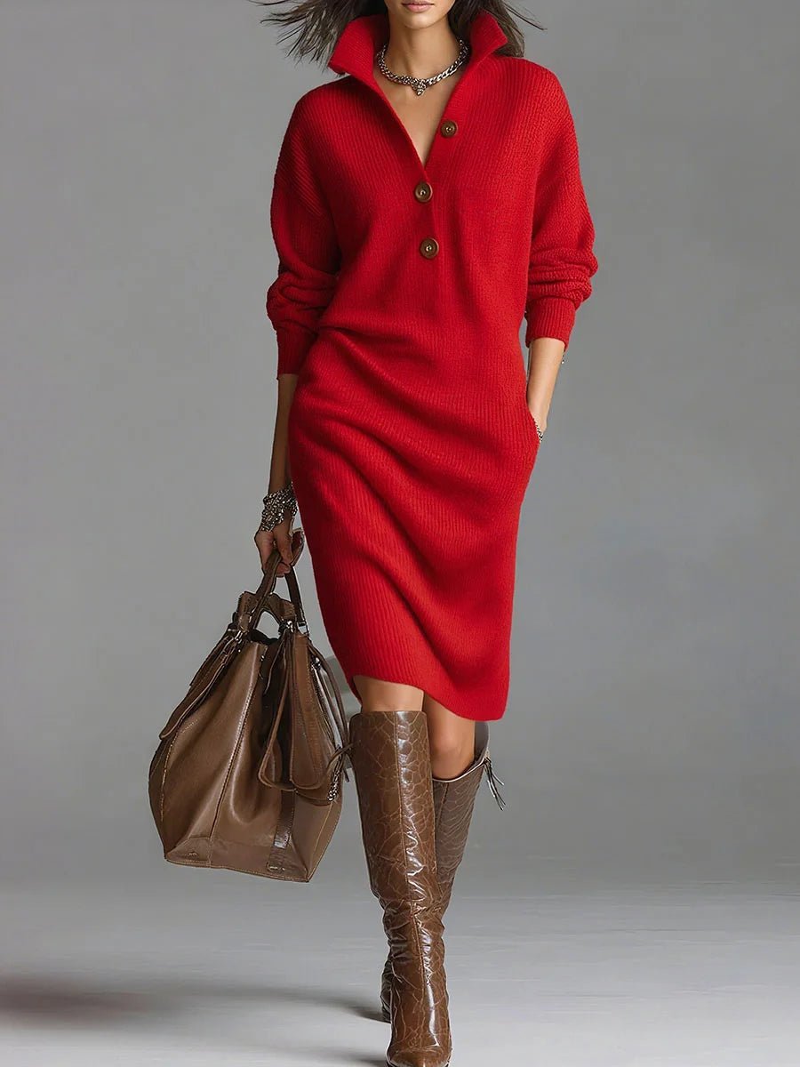 Jet - Elegante geribde midi jurk met knoopsluiting voor dames Front