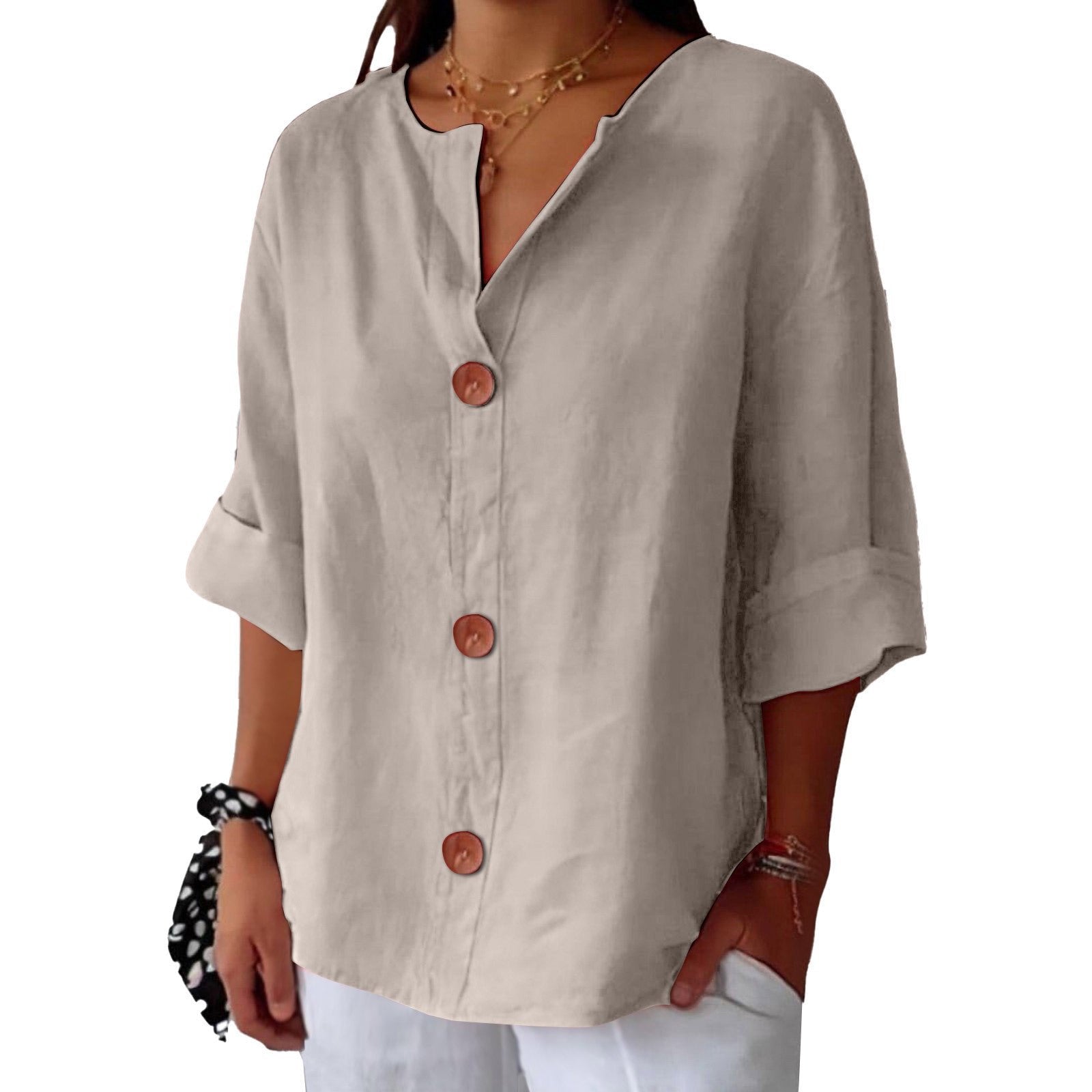 Jolien - Casual shirt met v-hals en terracotta knopen voor dames View 14