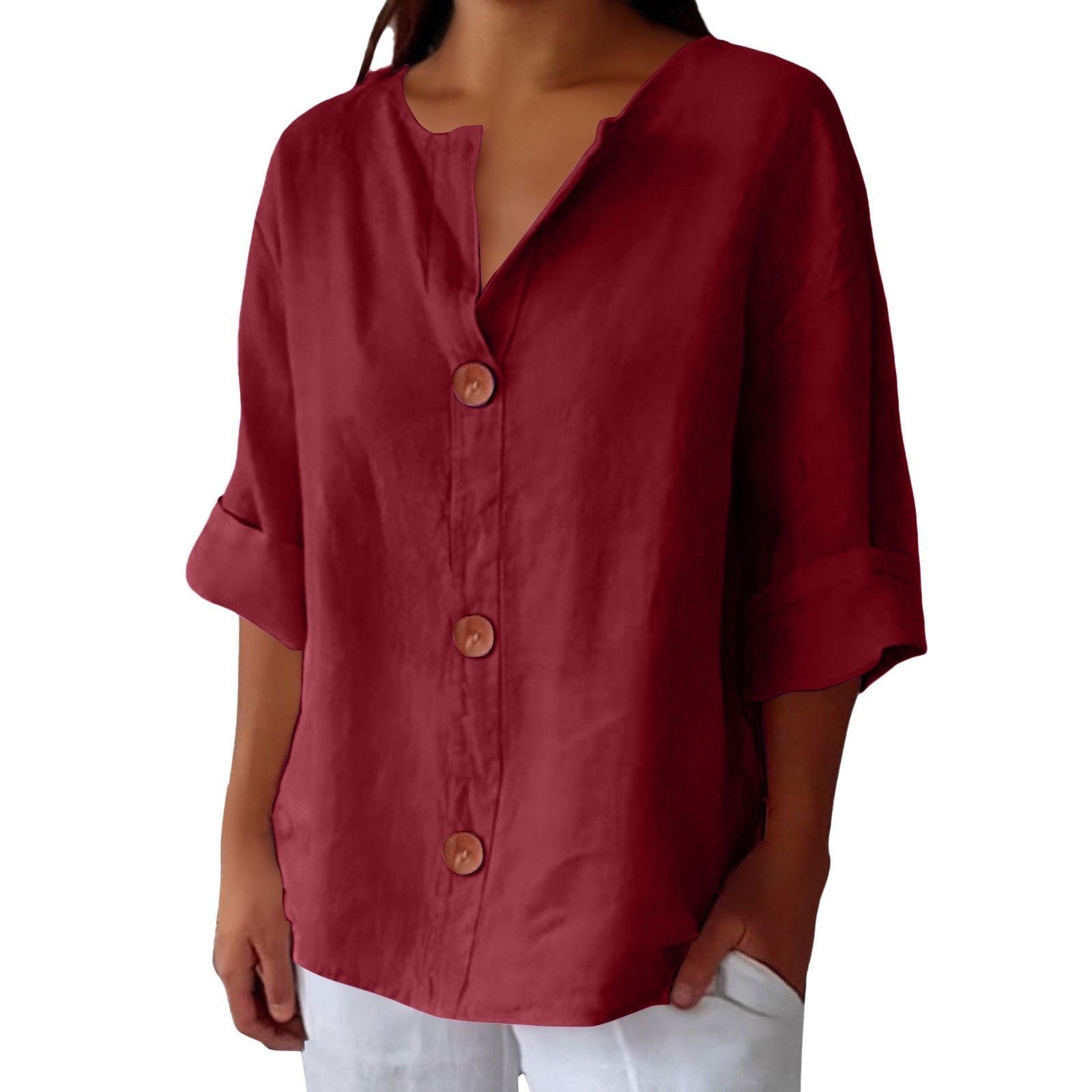 Jolien - Casual shirt met v-hals en terracotta knopen voor dames View 15