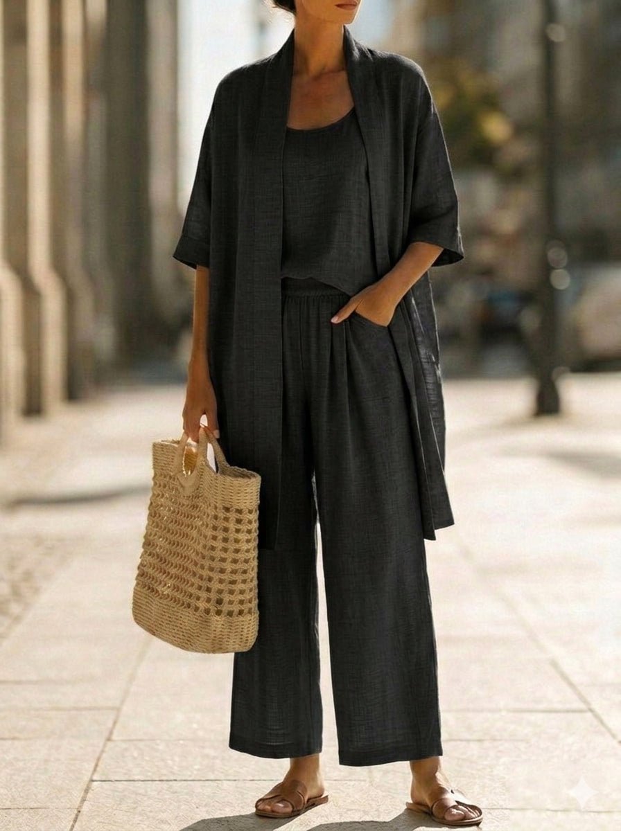 Lianne - Klassiek katoenen ensemble met longline cardigan voor dames Close Up