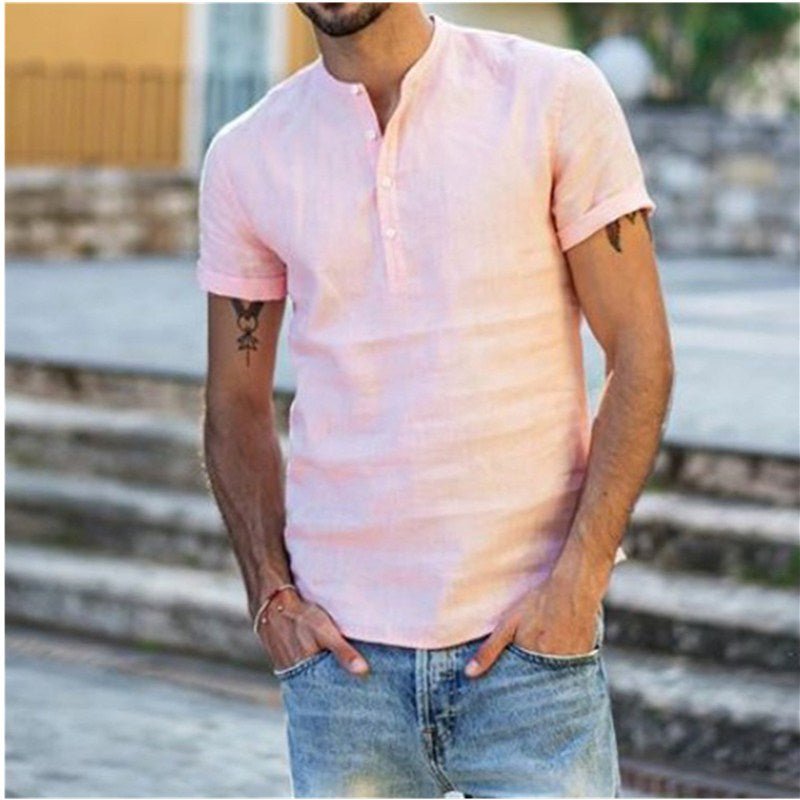 Luuk - Luchtige casual linnen blouse met V-hals voor heren Close Up