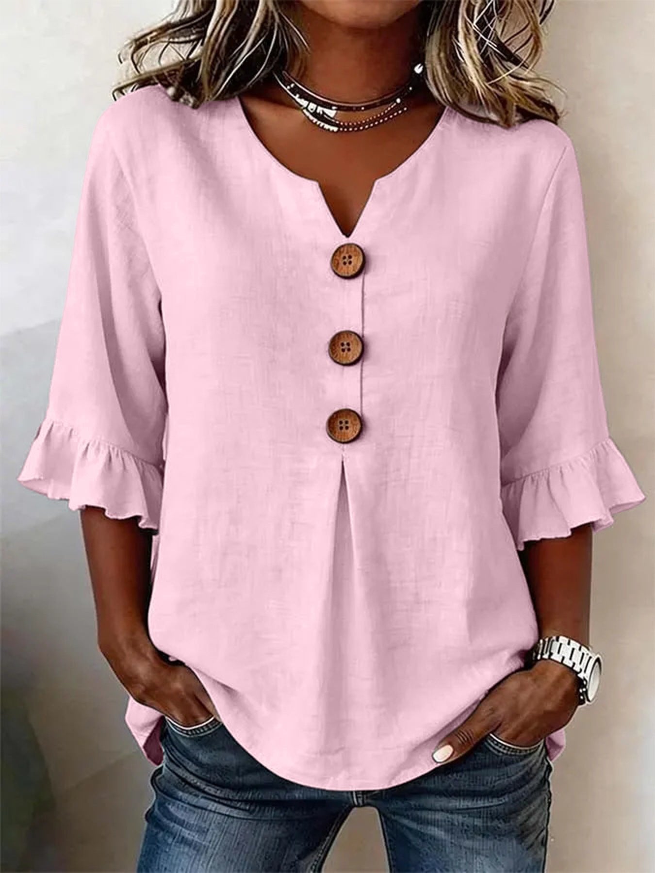 Lynn - Romantische blouse met ruffles en houten knopen voor dames