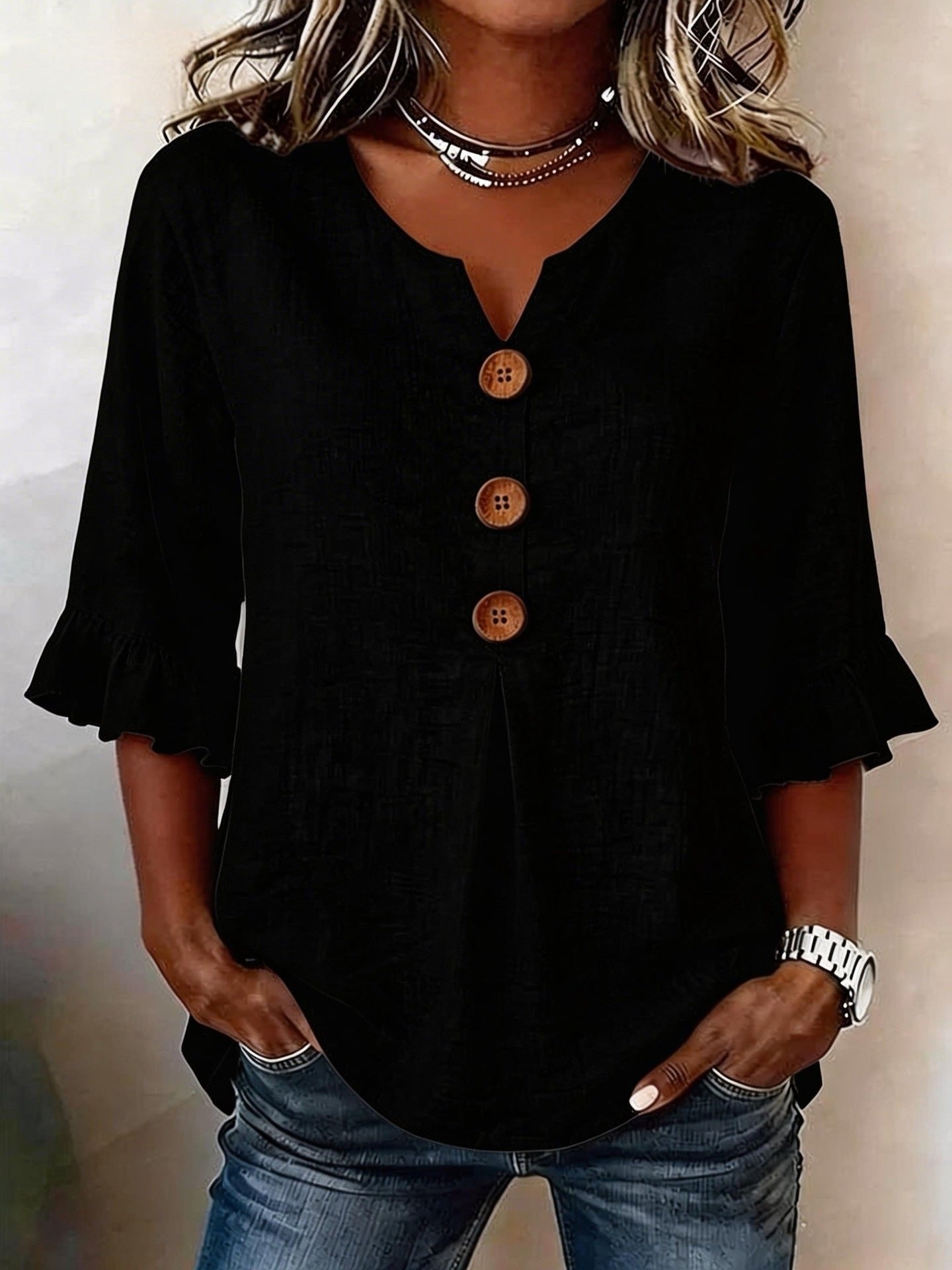 Lynn - Romantische blouse met ruffles en houten knopen voor dames